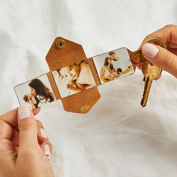 Personalized Multi-Photo Leather Envelope Keyring, Mother's Day Gift, Custom Photo Leather Keychain