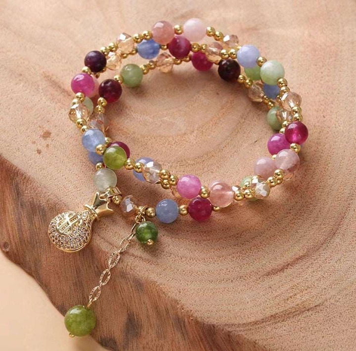 Candy colored tourmaline two ring bracelet with Austrian crystal