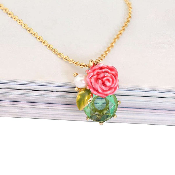 Hand painted emerald Clavicle ROSE Necklace with copper gold plated and dripping glaze