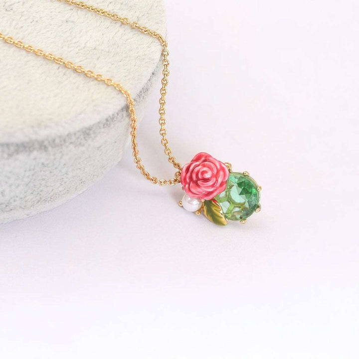 Hand painted emerald Clavicle ROSE Necklace with copper gold plated and dripping glaze