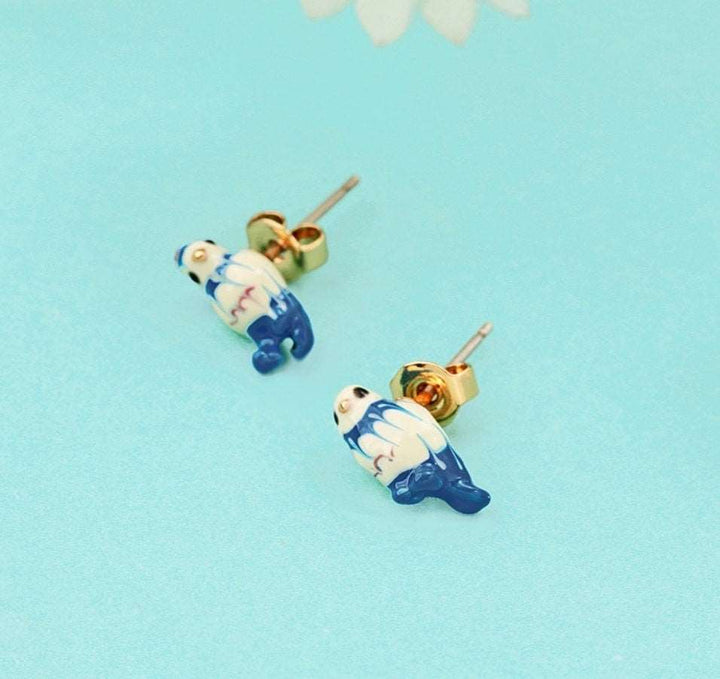 Blue Tit Hand painted Fashion Enamel Glaze Earrings S925 Silver needle