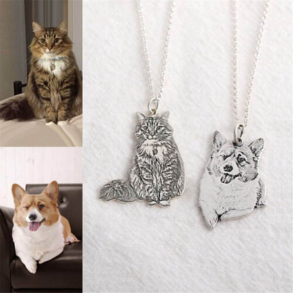 Personalized Stainless Steel Pet Photo Necklace with Custom Wood Box - Memorial Jewelry for Children - Cat or Dog Profile Pendant