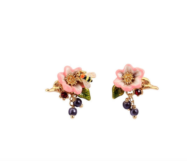 a pair of earrings with flowers 