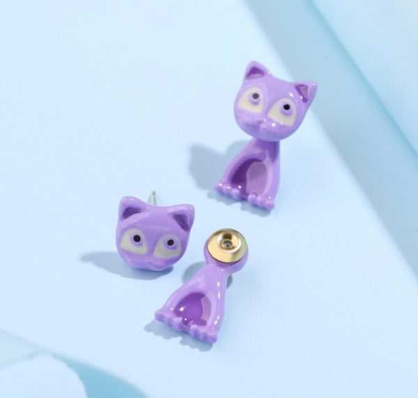 Cute Cat Earrings - Hand-Painted Purple Enamel with 925 Silver Needles