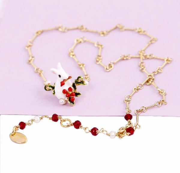 Hand-Painted Christmas Rabbit Necklace with Red Fruit Chain