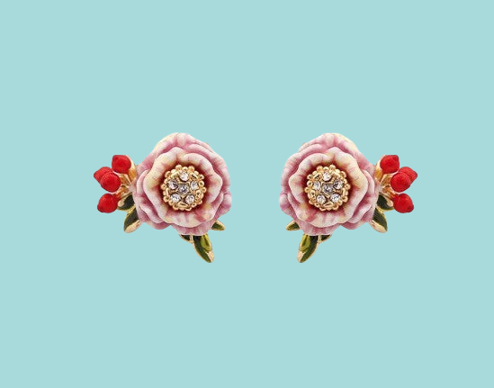 a pair of pink and red flower earrings